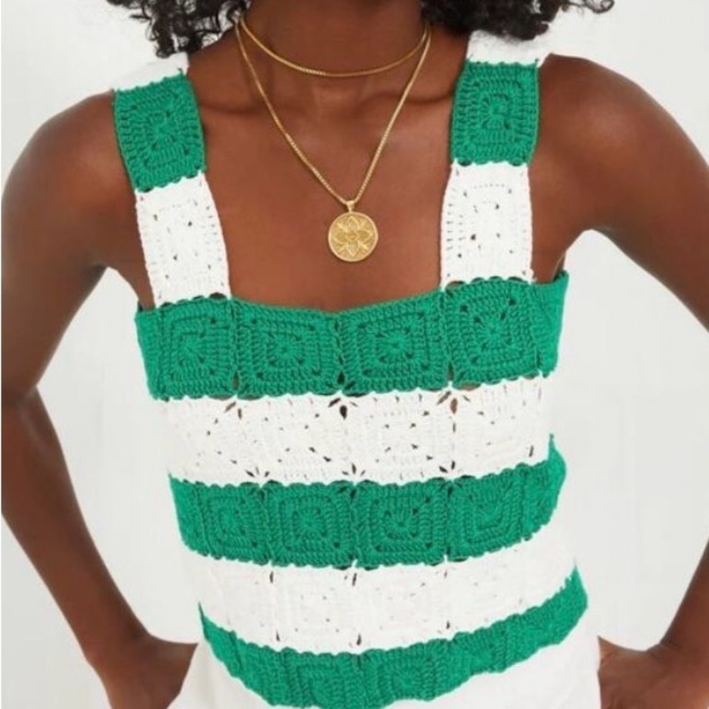 Green and White Crochet Women Top